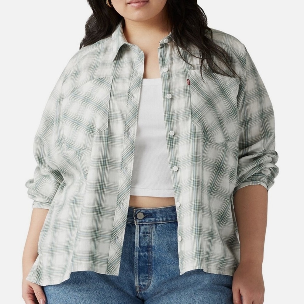 LEVIS HARRISON COTTON LONG BEBE PLAID BUTTON UP SHIRT DARK FOREST GREEN